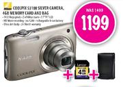Nikon Coolpix S3100 Silver Camera + 4GB Memory Card And Bag