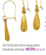 9ct Gold And Silver Large Plain Teardrop Earrings Banded-Per Pair