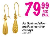 9ct Gold And Silver Medium Teardrop Earrings Banded-Per Pair