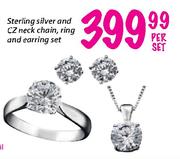 Sterling Silver And CZ Neck Chain,Ring And Earring Set-Per Set