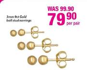 9ct Gold Ball Stud Earrings-3mm Per Pair