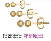 9ct Gold Ball Stud Earrings-4mm Per Pair