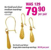 9ct Gold And Silver Medium Teardrop Earring Banded-Per Pair