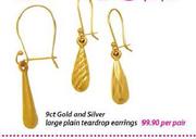 9ct Gold And Silver Large Plain Teardrop Earring Banded-Per Pair