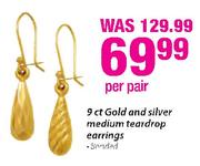 9ct Gold & Silver Medium Teardrop Earrings Bonded-Per Pair