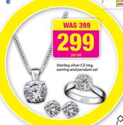 Sterling Silver CZ Ring, Earrings & Pendant Set