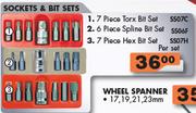 Sockets & Bit Sets 7 Pc Torx Bit Set SS07C, 6 Pc Spline Bit Set SS06F,7 Pc Hex Bit Set SS07H-Per Set