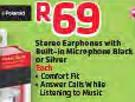 Stereo Earphones With Built-In Microphone Black Or Silver-Each
