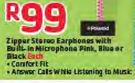 Zipper Stereo Earphones With Built-In Microphone Pink, Blue Or Black-Each