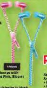 Zipper Stereo Earphones With Built-In Microphone Pink, Blue Or Black-Each