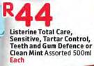 Listerine Total Care, Sensitive, Tartar Control, Teeth And Gum Defence Or Clean Mint Assorted-500ml