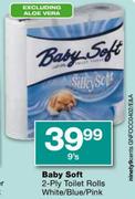 Baby Soft 2-Ply Toilet Rolls White/Blue/Pink-9's