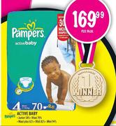 Pampers Active Baby Junior-58's, Maxi-70's, Maxi plus-62's Midi-82's & Mini-94's Per Pack