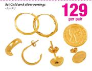 9ct Gold & Silver Earrings Bonded-Per Pair