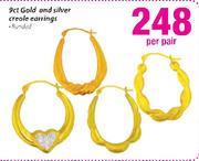 9ct Gold & Silver Creole Earrings Bonded-Per Pair