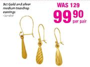 9ct Gold & Silver Medium Teardrop Earrings Bonded-Per Pair