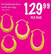 9ct Gold And Silver Creole Earrings-Per Pair