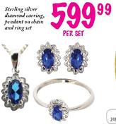 Sterling Silver Diamond Earring, Pendant On Chain And Ring Set-Per Set