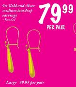 9ct Gold And Silver Large Teardrop Earrings-Per Pair