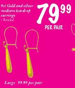 9ct Gold And Silver Medium Teardrop Earrings-Per Pair