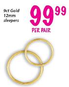 9ct Gold 12mm Sleepers-Per Pair