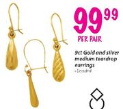 9ct Gold And Silver Medium Teardrop Earrings-Per Pair