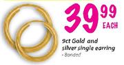 9ct Gold And Silver Single Earring Each