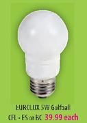 Eurolux 5W Golfball CFL, ES Or BC-Each