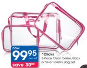 Clicks 3 Piece Clear Cerise, Black Or Silver Toiletry Bag Set-Per Set