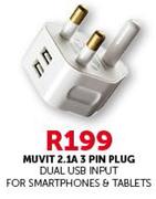 Muvit 2.1A 3 Pin Plug Dual USB Input For Smartphones & Tablets