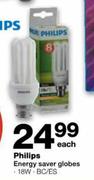 Philips Energy Saver Globes-18W Each