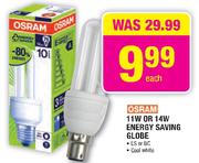 Osram 11W or 14W Energy Saving Globe-Each