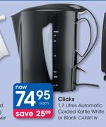 Clicks 1.7 Litres Automatic Corded Kettle White Or Black (CAK001W)-Each