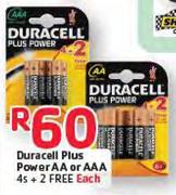 Duracell Plus Powere AA Or AAA-4s+2 Free Each