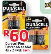 Duracell Plus Power AA Or AAA-4's+2 Free