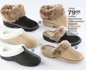 Ladies Assorted Fur Collar Outdoor Slippers Sizes-3-8 Per Pair