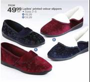 Ladies Printed Velour Slippers Sizes-3-8 Per Pair