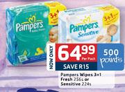 Pampers Wipes 3+1 Fresh-256's Or Sensitive-224's Per Pack