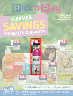 Pick N Pay : Summer Savings On Health & Beauty (21 Oct - 3 Nov 2013), page 1