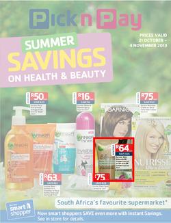 Pick N Pay : Summer Savings On Health & Beauty (21 Oct - 3 Nov 2013), page 1