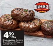Homeburger Burgers Beef/Chargrill/Pepper/Jumbo/Cheese-Per 100gm
