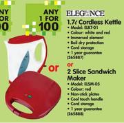 Elegance 1.7L Cordless Kettle ELKT-01 Or 2-Slice Sandwich Maker ELSM-05 - Each