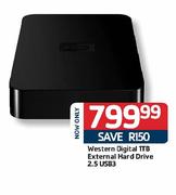Western Digital 1TB External Hard Drive-2.5 USB3