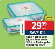 Addis 4 Sided Lock Square Foodsaver 600ml Or Rectangular Foodsaver 800ml-Each 