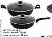 Kitchen Essentials Non-Stick Wok With Glass Lid-28cm Or 30cm Each
