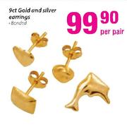9ct Gold And Silver Earrings Banded-Per Pair