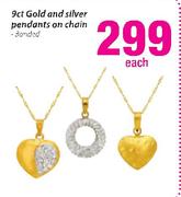 9ct Gold And Silver Pendants On Chain Banded Each