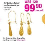 9ct-Gold And Silver Medium Teardrop Earrings Banded-Per Pair