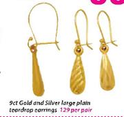 9ct Gold And Silver Large Plain Teardrop Earrings-Per Pair