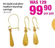 9ct Gold And Silver Medium Teardrop Earrings-Per Pair